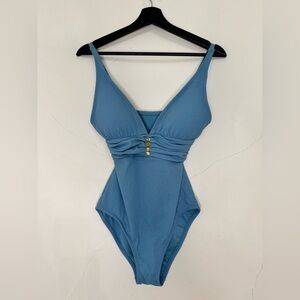 NWOT Ellen Tracy V-Neck One Piece Gold Studded Embellishment Teal Blue Swimwear